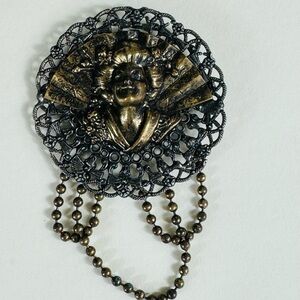 50s Art Nouveau Geisha Girl Brass Brooch